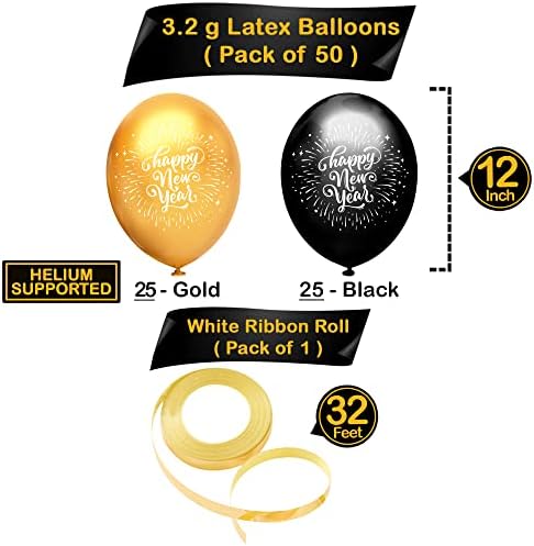 Feliz Ano Novo Conjunto de balões - pacote de 50, balões de látex de ano novo | NYE LATEX BALOON para feliz ano novo | Black and Gold Feliz Ano Novo Decoração - Pacote de 37, Fringe Dourado | NYE Balloon Arch
