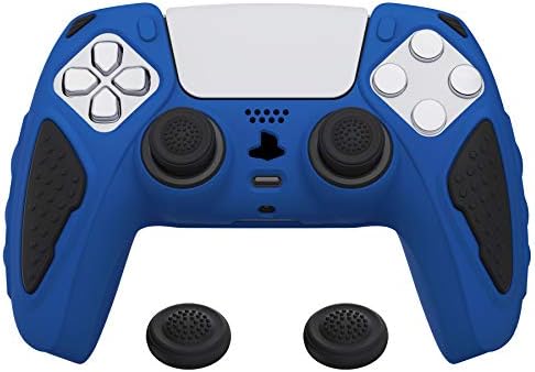 Tampa de silicone de dois tons Playvital para controlador PS5, caixa de borracha anti-deslizamento para controlador PS5 com tampas de aperto de polegar-azul e preto