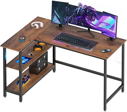 Mesa em forma de Woodynlux L - mesa de jogos de 43 polegadas, mesa de canto de computador, mesa de redação em casa com prateleira,
