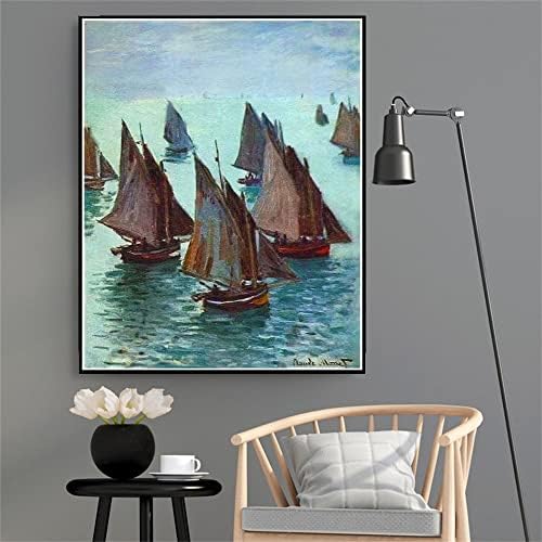 Barcos de pesca Pintura calma do mar de Claude Monet Kits de pintura de diamante para adultos, arte de diamantes de cristal 5D