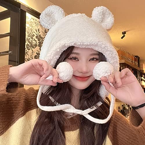 Orez de urso fofo chapéu feminino de pelúcia feminino Proteção de orelha quente Lei feng chapéu de 3 camadas GAITER