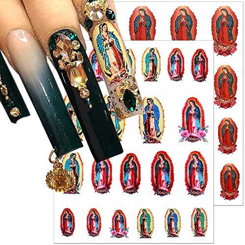Dornail 6 lençóis Virgin Mary unhas adesivos, adesivo de unhas de San Judas Jesus decalques de unhas religiosas adesivas de arte de unhas religiosas 3D San ​​Judas Tadeo adesivos auto-adaptados para pregos