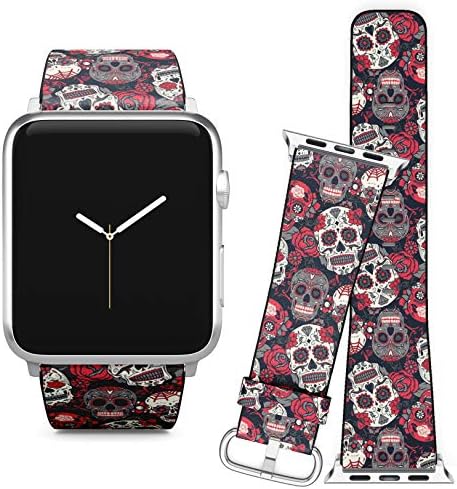 Compatível com a Apple Watch Iwatch Series 5, 4, 3, 2, 1 // Bracelete de substituição de couro macio pulseira de pulseira + adaptadores // Day Dead Colorful Sugar Skull