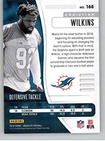 2019 Absoluto 168 Christian Wilkins RC Rookie Miami Dolphins NFL Futebol Trading Card