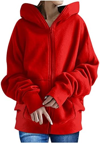 Moletons plus size para mulheres com zíper completo com capuz de grandes dimensões de cor sólida cor solta manga comprida casaco
