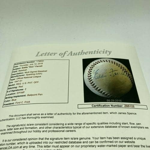 Eddie Doc Farrell Single Assinated League Nacional Ford Frick Baseball JSA COA - Bolalls autografados