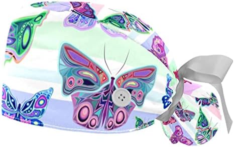 2 Pacote o boné de trabalho feminino com botões amarra as borboletas coloridas em padrão listrado capas de cabelo comprido