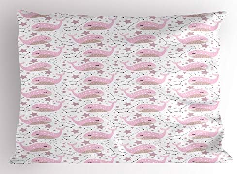 Almofada de Baleia de Ambesonne, constelação de animais náuticos estrelado pelo céu subaquático desenho oceano, travesseiro impresso de tamanho padrão decorativo, 26 x 20, branco rosa pálido