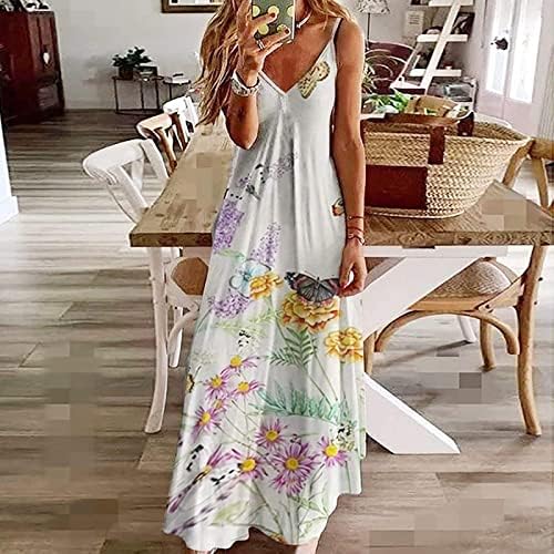Vestido maxi floral feminino V vestidos de praia sem mangas de pescoço de verão