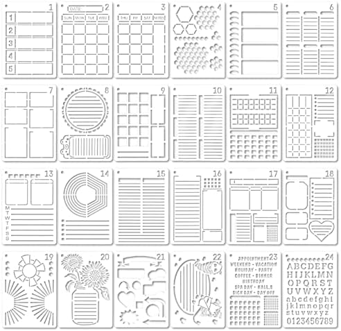 Syllenhod 24pcs Bullet Journal Stencils, materiais de bala para periódicos pontilhados, suprimentos de balas de