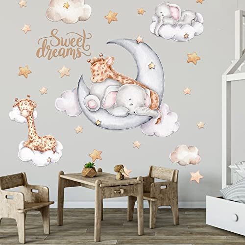 Elefante e girafa na lua e estrelados adesivos de parede para crianças decoração de quarto de bebê sonho doce lua de ar quente