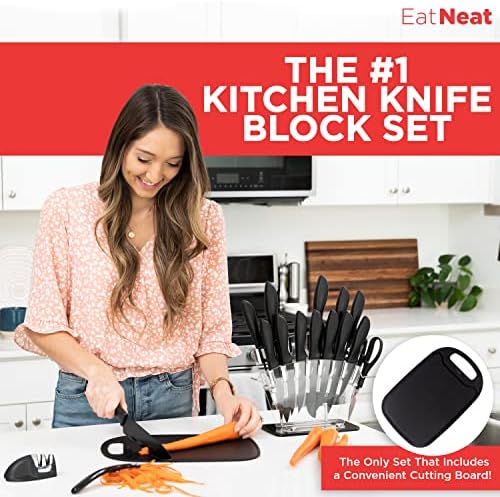 EatNeat 4-PC Glass Kitchen Bachons w/tampas de aço inoxidável e um conjunto de faca de faca preto com 18-PC Home com placa de corte