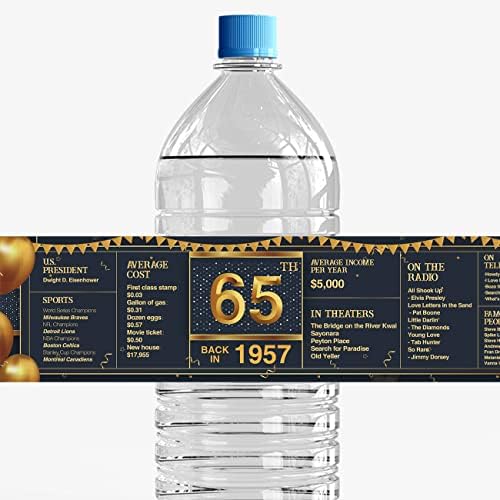 65º feliz aniversário festas de água rótulos de garrafas de água 65 anos em 1957 Assinar adesivos de garrafa de água