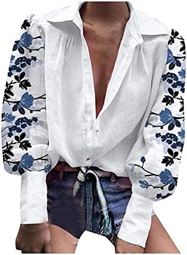 Botão de retalhos femininos para baixo Blusa Casual Casual Block Newspaper/Impressão geométrica de manga longa Tops de