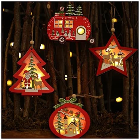 Pingentes de Natal de Yazuri 4pcs, lesões de ledes de led de estrelas pingentes de madeira Papai Noel Árvore de Natal, decorações