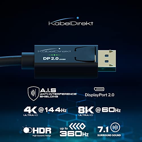8K DisplayPort 2.0 Cabo - 10ft - DP 2.0 Cabo com A.I.S. Blindagem para laptops para jogos / jogos e laptops de alta resolução 4K / 8K ou Super Fast 144Hz, 240Hz ou 360Hz por Cabledirect