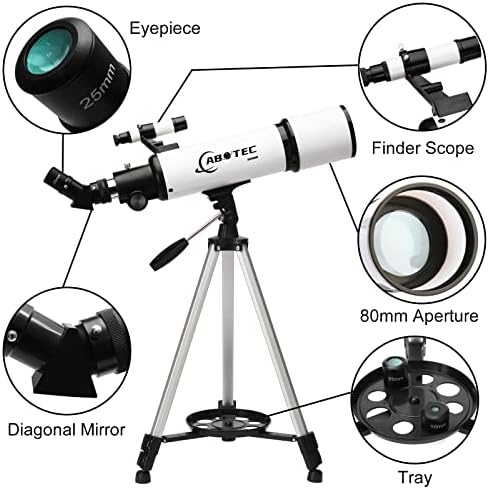 Telescópio ABOTEC, telescópios de abertura de 80 mm para adultos astronomia e crianças e iniciantes, telescópio de refração portátil de 500 mm com um tripé ajustável, uma bolsa, um adaptador de telefone e um controle remoto sem fio