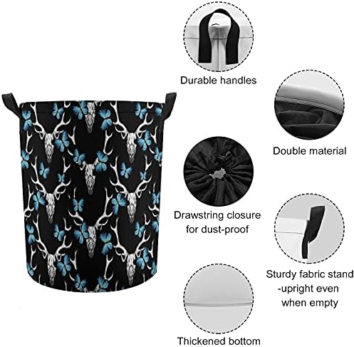 Crânio de veado e bolsas de lavanderia redonda de borboletas azuis e cesto de armazenamento à prova d'água com alças e tampa de fechamento de cordão