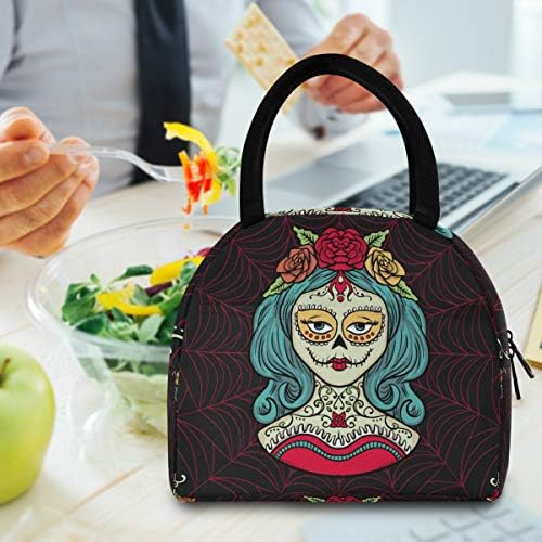 Mulher de lancheira isolada - Dia morto Dia Muertos Halloween Mulheres Mexican Skull Lunches grandes à prova de vazamentos