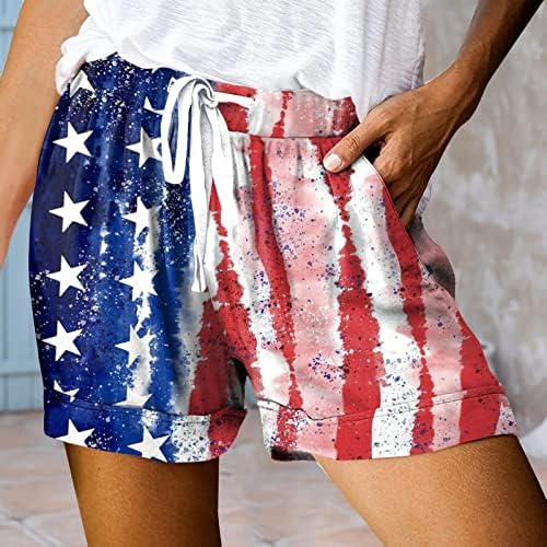 Ruiruilico casual shorts de pernas largas para mulheres Summer Patriótico USA Bandeira elástica da cintura de cordão