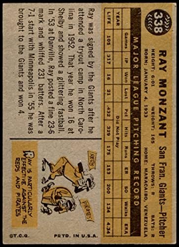 1960 Topps 338 Ray Monzant San Francisco Giants Dean's Cards 5 - Ex -Giants