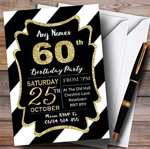 Listras diagonais brancas pretas Gold 60º convites de festa de aniversário personalizados