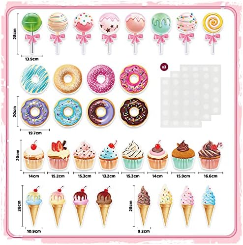 Sepamoon 32 PCs Decorações de festa de doces incluem recortes de sorvete Donuts Cutouts Round Lollipop Cupcakes Candyland com pontos