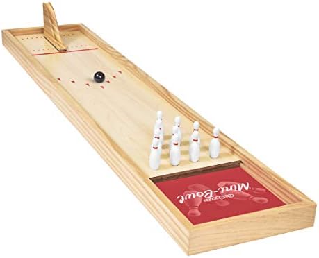 Gosports mini jogo de boliche de mesa de madeira para crianças e adultos - inclui 1 Bowling Alley Board, 1 rampa de lançamento, 2 mini bolas de boliche, 10 pinos e scorecard de apagamento seco