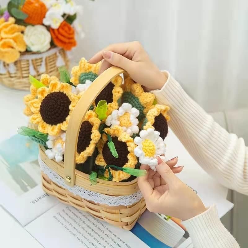 Presente de cesto de girassol de girassol em Walnuta tricotado Flores artificiais DIY Bouquet Decoração de casa