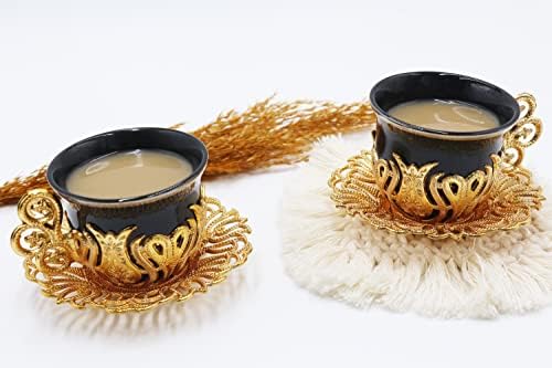 Premium Black Gold Greek Greek Arábico Marroquino Turco Copas de Porcelana - Conjunto de 2 - Copa Espresso Caneca