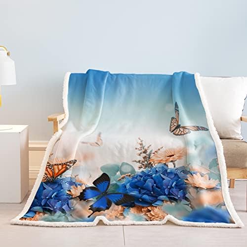 Soulzzz azul laranja borboletas e flores lançam cobertor sherpa lã de lã cobertores ultra macia macio macio macio e macio de borboleta aconchegante para adultos crianças adolescentes amantes de borboleta cobertores 50 x60
