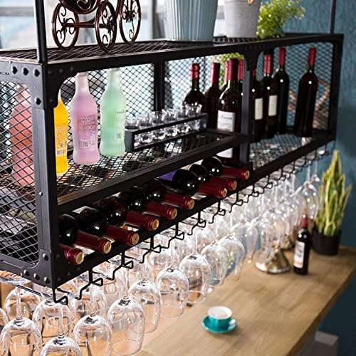 Rack de vinho pendurado com suporte de vidro e prateleira, barra de vidro de barra de teto de metal ajustável, segura