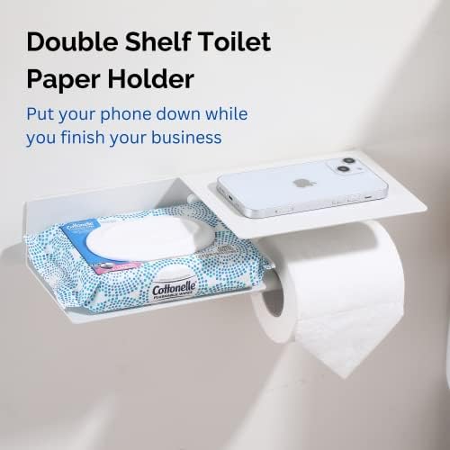 Day Moon Designs Double Shelf Papel Hotorizador - Prateleira de banheiro com suporte de papel de seda, armazenamento de banheiro de montagem na parede por adesivo ou parafusos, acessórios de banheiro em aço inoxidável, branco
