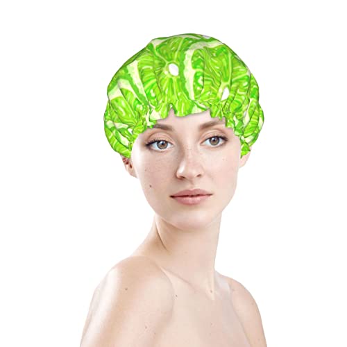 Mulheres reutilizáveis ​​Hainha de cabelo de cabelo limão Padrão verde de dupla camada dupla impermeabilizada touca de banho de banho
