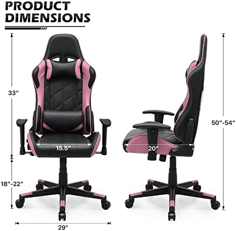 Cadeira de jogos para PC para PC Monibloom Ergonômico Confortável Cadeira de Cadeira de Gamer Cadeira de Câmara de Couro, Suporte Lombar Ajustável e Cadeira de Gabinete Glombe Ajustável, Rosa Rosa