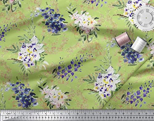 Soimoi Green Cotton Jersey Flower & folhas tecidos estampados em aquarela por quintal de 58 polegadas de largura