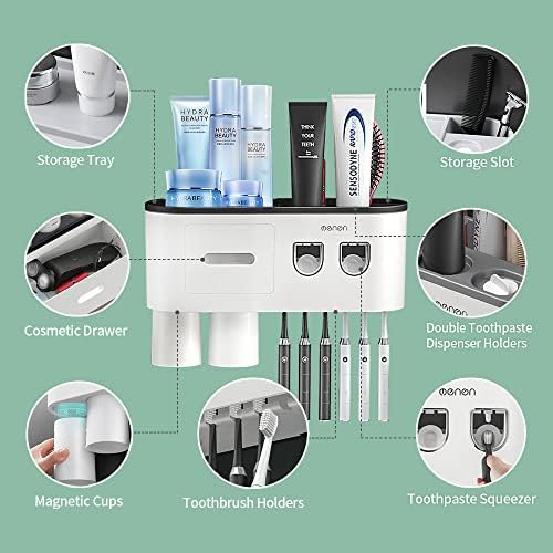 Dispensador de pasta de dente automática dupla, parede de escova de dentes elétrica montada com 2 squeezer de pasta de dente, 2 xícaras magnéticas, gaveta de armazenamento e 6 slots de organizador de escova de dentes