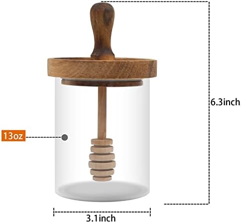 Pote de mel de vidro, jarra de mel de cozinha em casa com macio de madeira e tampa, recipiente de mel para armazenar