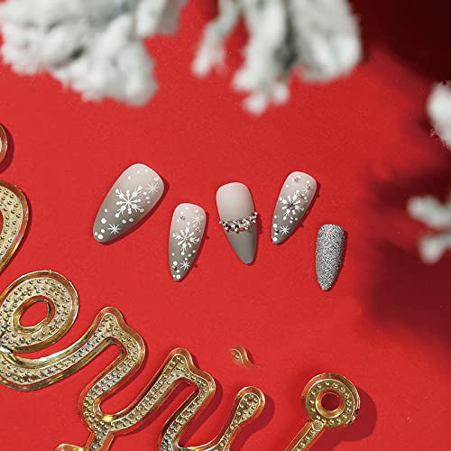 24 PCS Pressione de Natal em unhas amêndoa com designs brancos de floco de neve, unhas falsas de Natal médio cola brilhante nas unhas