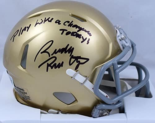 Rudy Ruettiger assinou Notre Dame Riddell Speed ​​Mini capacete com jogo como um campeão Beckett W Hologram Black
