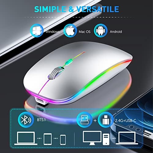 Mouse sem fio LED da AI Dami, 5.2/3.0 2.4g três modos mouse recarregável novo tipo de mouse silencioso sem fio, mouse sem fio para laptop, PC, MacBook Air, MacBook Pro, iPad, Mac, Mouse de computador