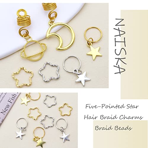 Naiska 24pcs Star Braid Clips Gold Gold Hair Bels Bads Acessórios Dreadlock Prata Bercas Braids Jóias de Cabelo da Lua Para Mulheres Branças