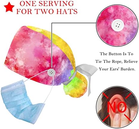 2 Pacote de tampas de trabalho com botão, tie-dye Rainbow Bouffant Screbs Hats Women Long Hair