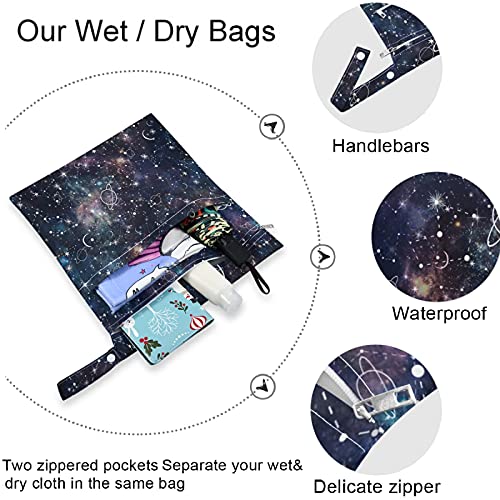 VISESUNNY MAGIC STAR Galaxy Sky 2pcs Bolsa molhada preta com bolsos com zíper para fraldas salateadas reutilizáveis ​​laváveis
