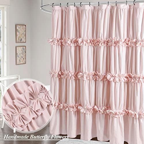 Cortina de chuveiro de fazenda de fazenda, cortina de banheiro feminina com babados rosa com 3 fileiras de flores de