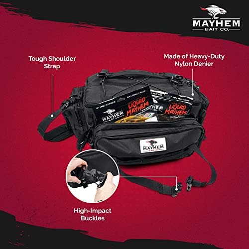Mayhem Bait Co Fishing Tackle Bag Storage Set com suporte de haste, 3700 bandejas de caixa de caixa de tackle plásticas e bônus 3 pacotes de plásticos macios premium incluídos