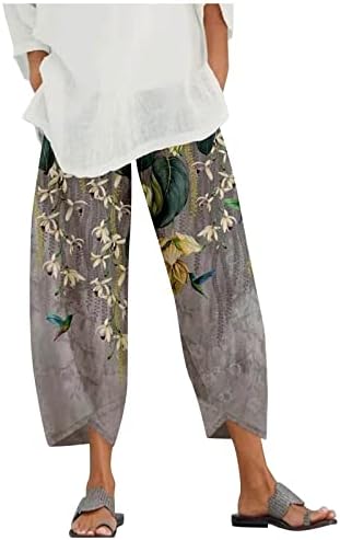 Calça de linho para mulheres praia casual casual solto floral impressa as calças elásticas de cordão elástico