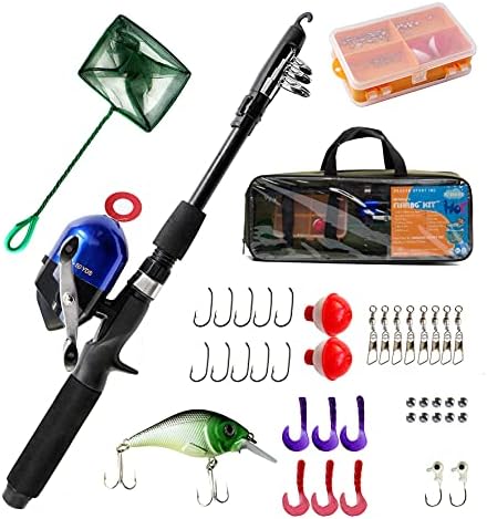 Dragon Sport Kids Fishing Pólo Spincast 1.65m Caixa de equipamento de pesca juvenil - com rede, bolsa de viagem, haste e kit de bobina para meninos e meninas, jovens ou iniciantes