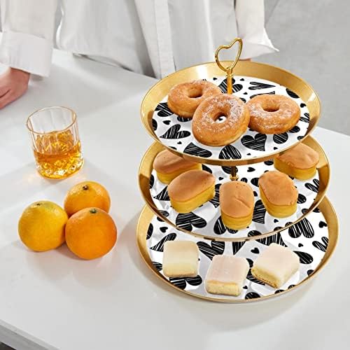 Torre de sobremesa de exibição de cupcakes, plástico de 3 pastelaria em camadas de porção de ouro, doodle Heart Patterless