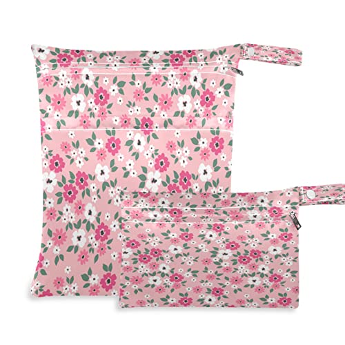 Kigai 2pcs Pink Floral Met Dry Sacos para fraldas de pano Bolsa de roupas de banho à prova d'água com pulseira para a bolsa de praia de viagem